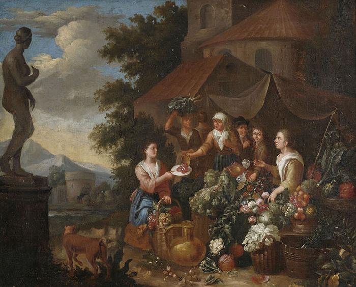 Circle of Pierre Gobert Verkauf von Gemuse und Blumen an einem italienischen Marktstand oil painting image